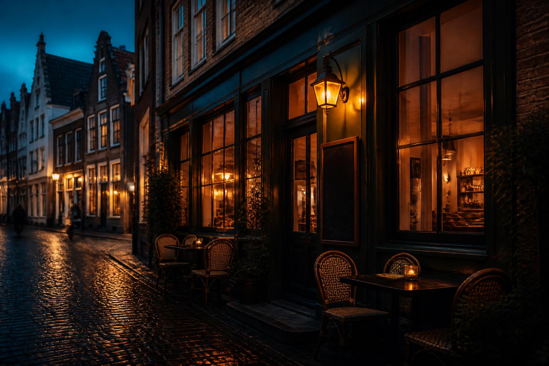 De gevel van de voorbeeldbistro in de avond
