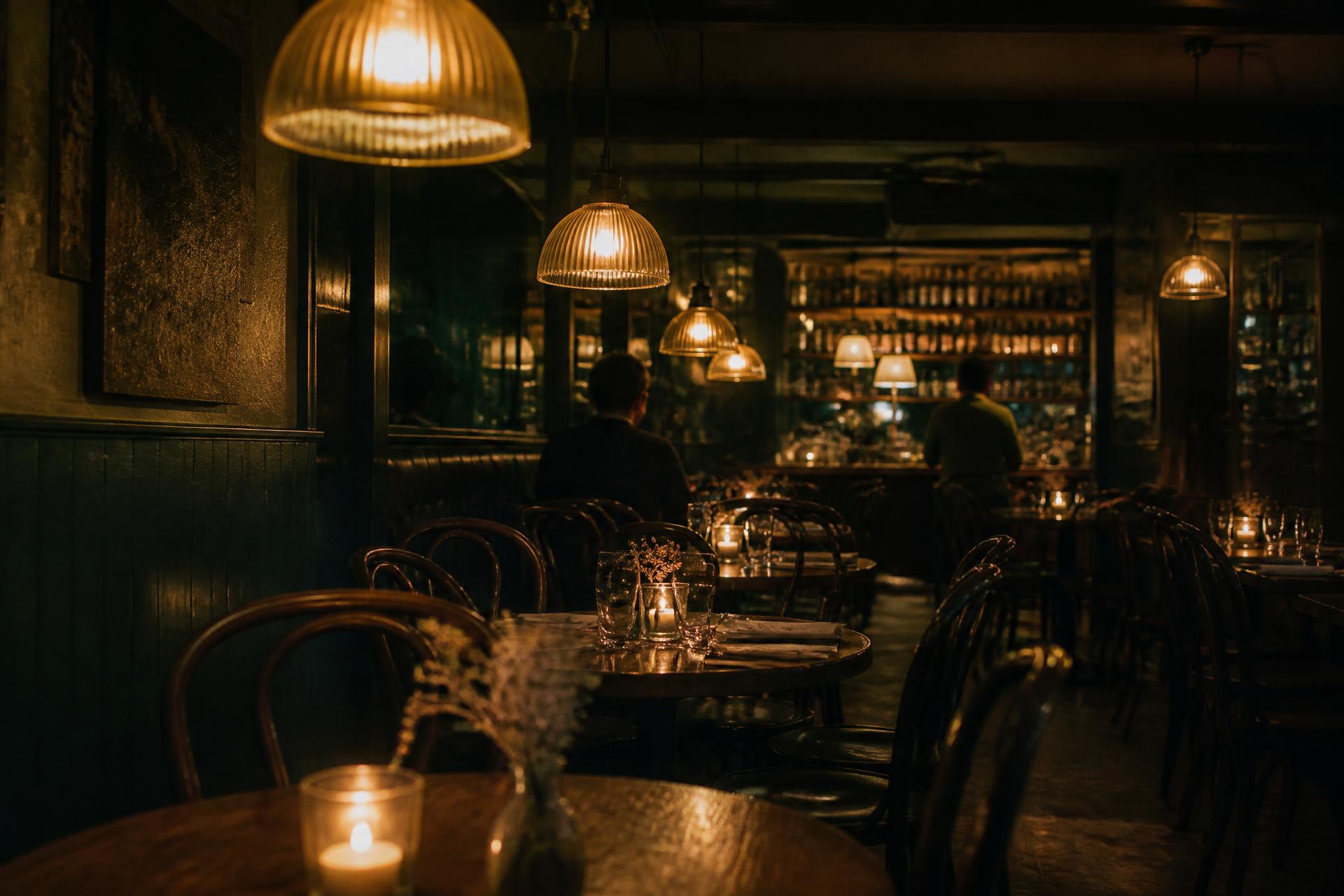 Warm verlicht interieur van de voorbeeldbistro
