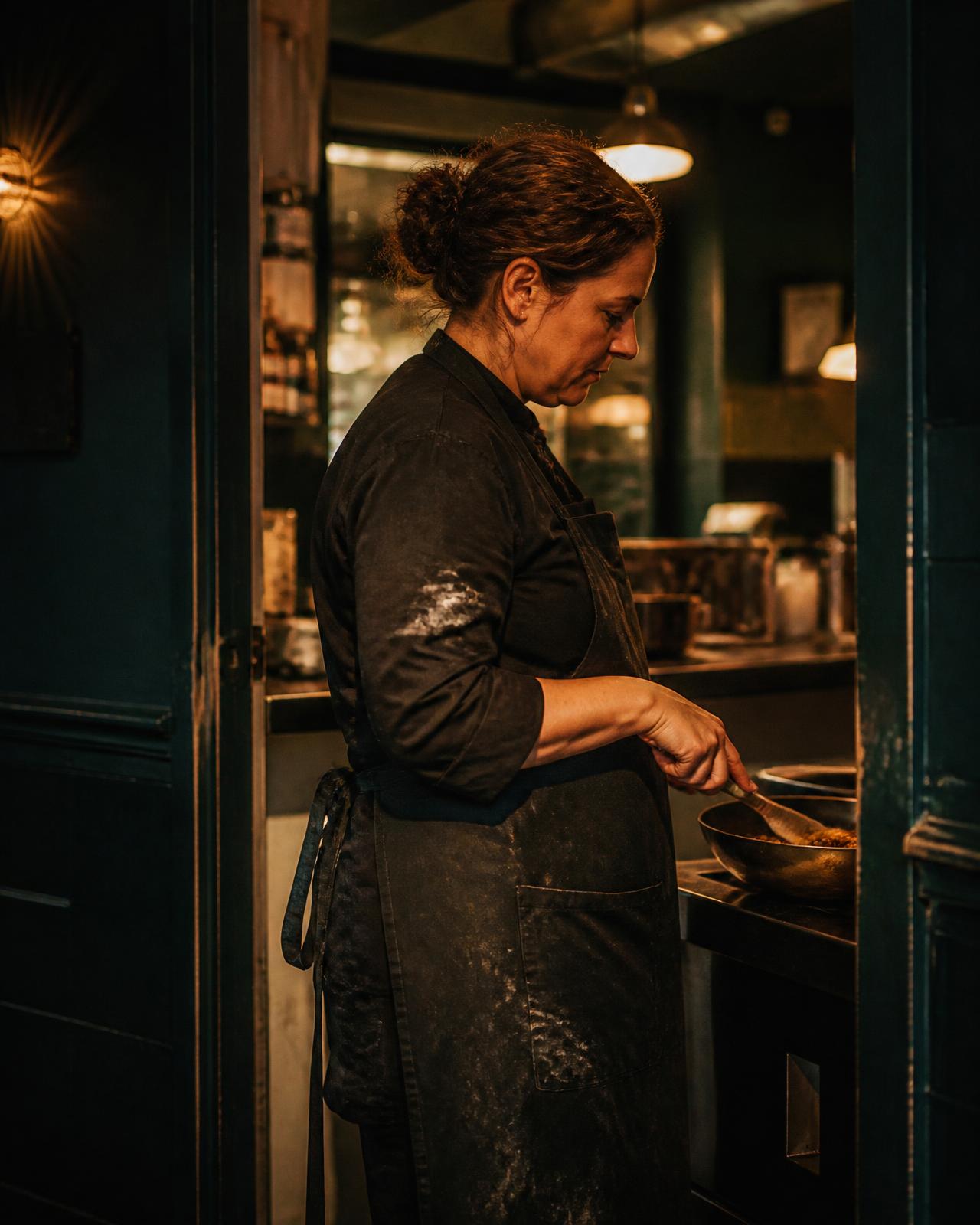 Maartje Veldkamp, eigenaar en kok, in de deur van de keuken